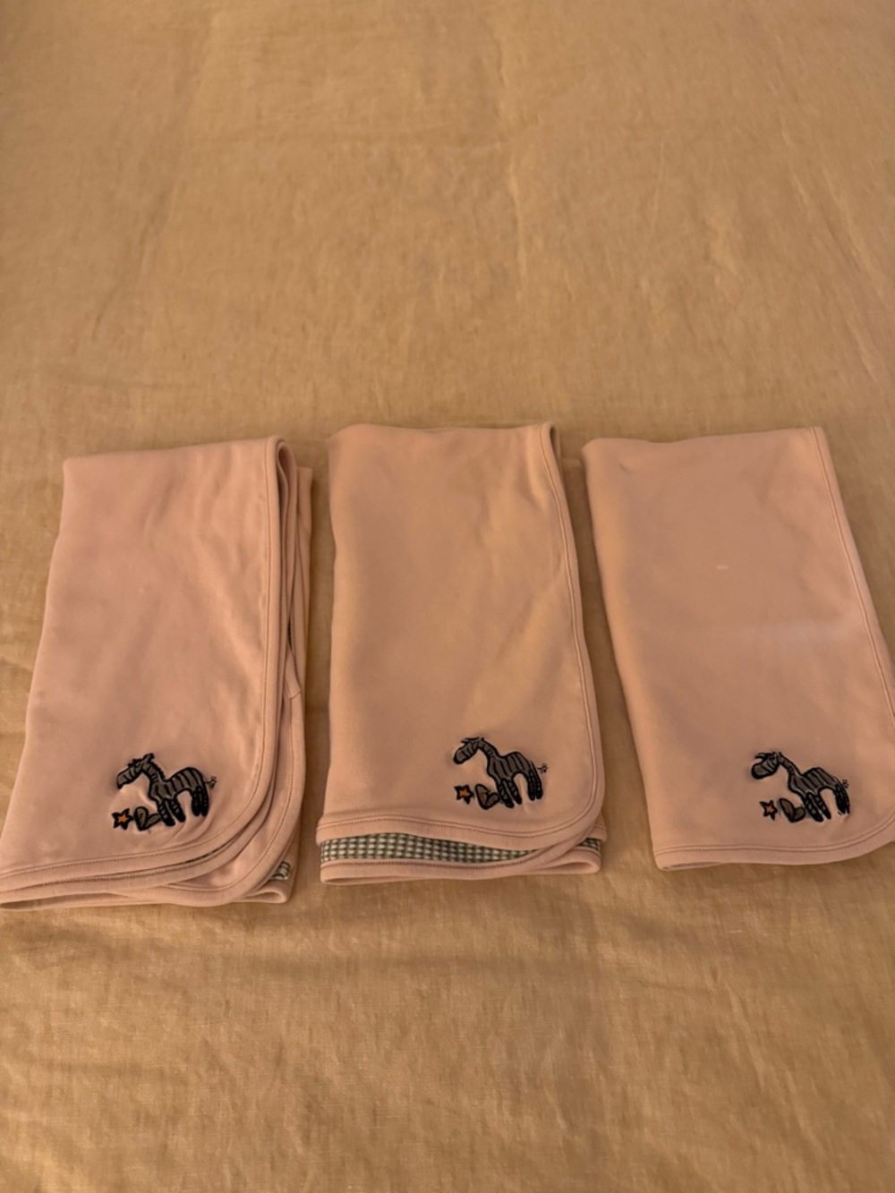 Set of 3 - Beige and green baby Zebra Embroidered receiving blankets - Unbranded